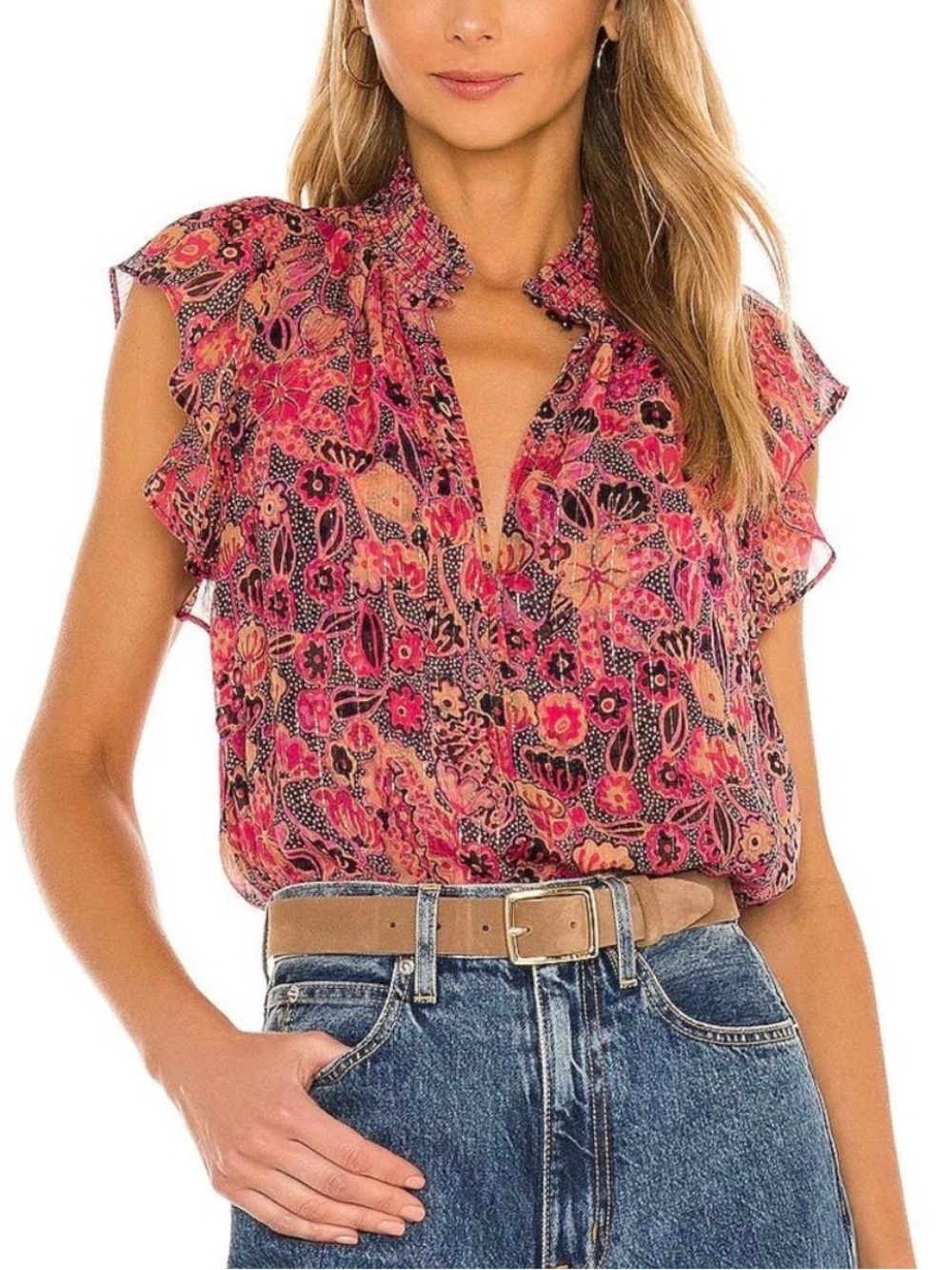A.L.C. Hayley Floral Metallic Silk Flutter Sleeve Blouse in Size 2 (XS)
